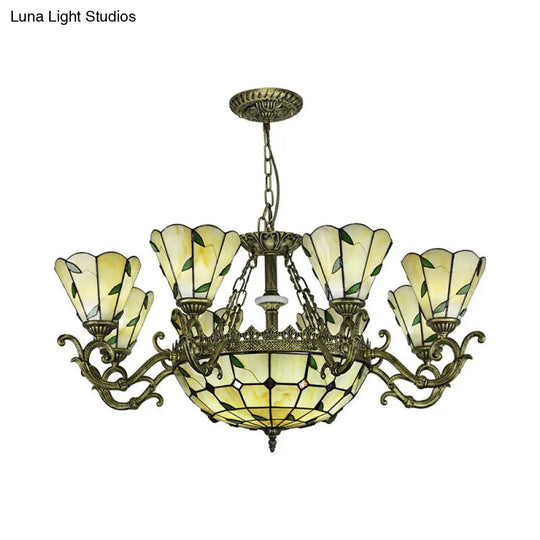 Baroque Suspension Chandelier With Beige Glass And Green Leaf Design - 5/9/11 Lights Ideal For