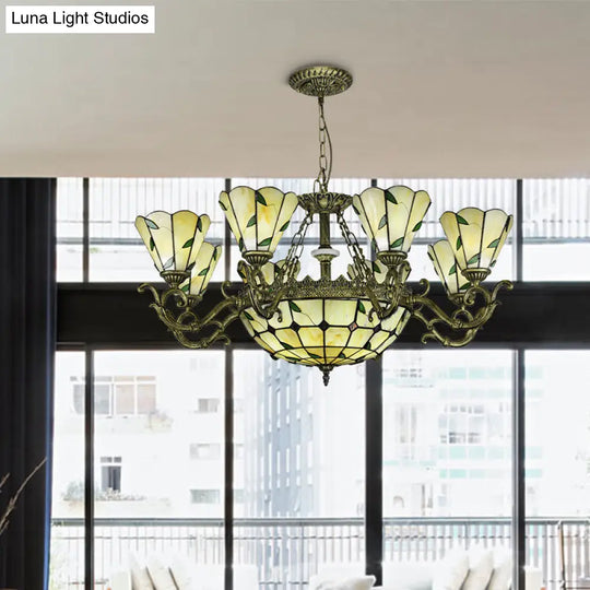 Baroque Suspension Chandelier With Beige Glass And Green Leaf Design - 5/9/11 Lights Ideal For