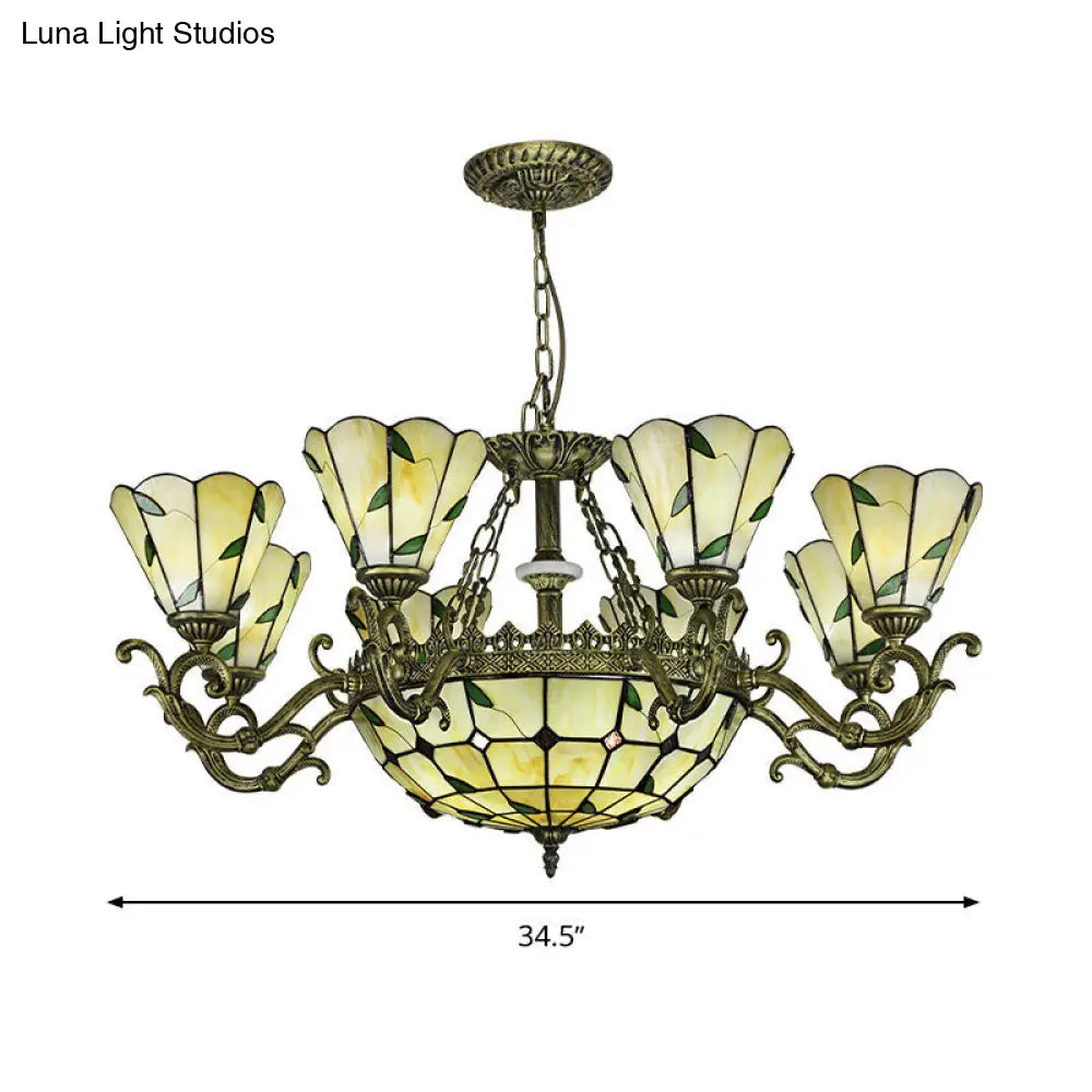 Baroque Suspension Chandelier With Beige Glass And Green Leaf Design - 5/9/11 Lights Ideal For