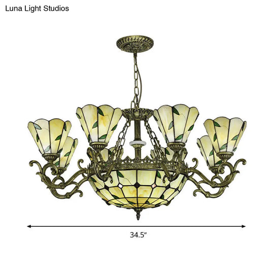 Baroque Suspension Chandelier With Beige Glass And Green Leaf Design - 5/9/11 Lights Ideal For