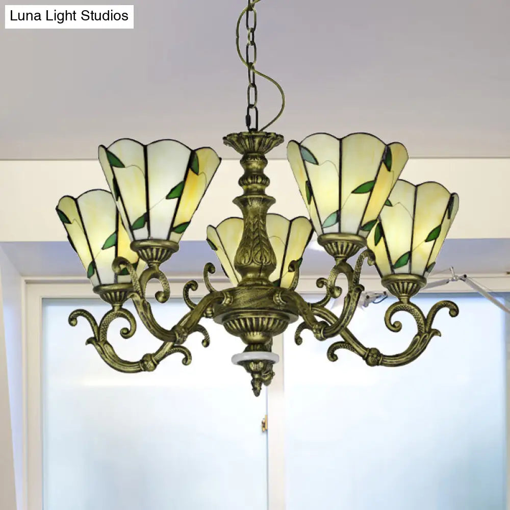 Baroque Suspension Chandelier With Beige Glass And Green Leaf Design - 5/9/11 Lights Ideal For