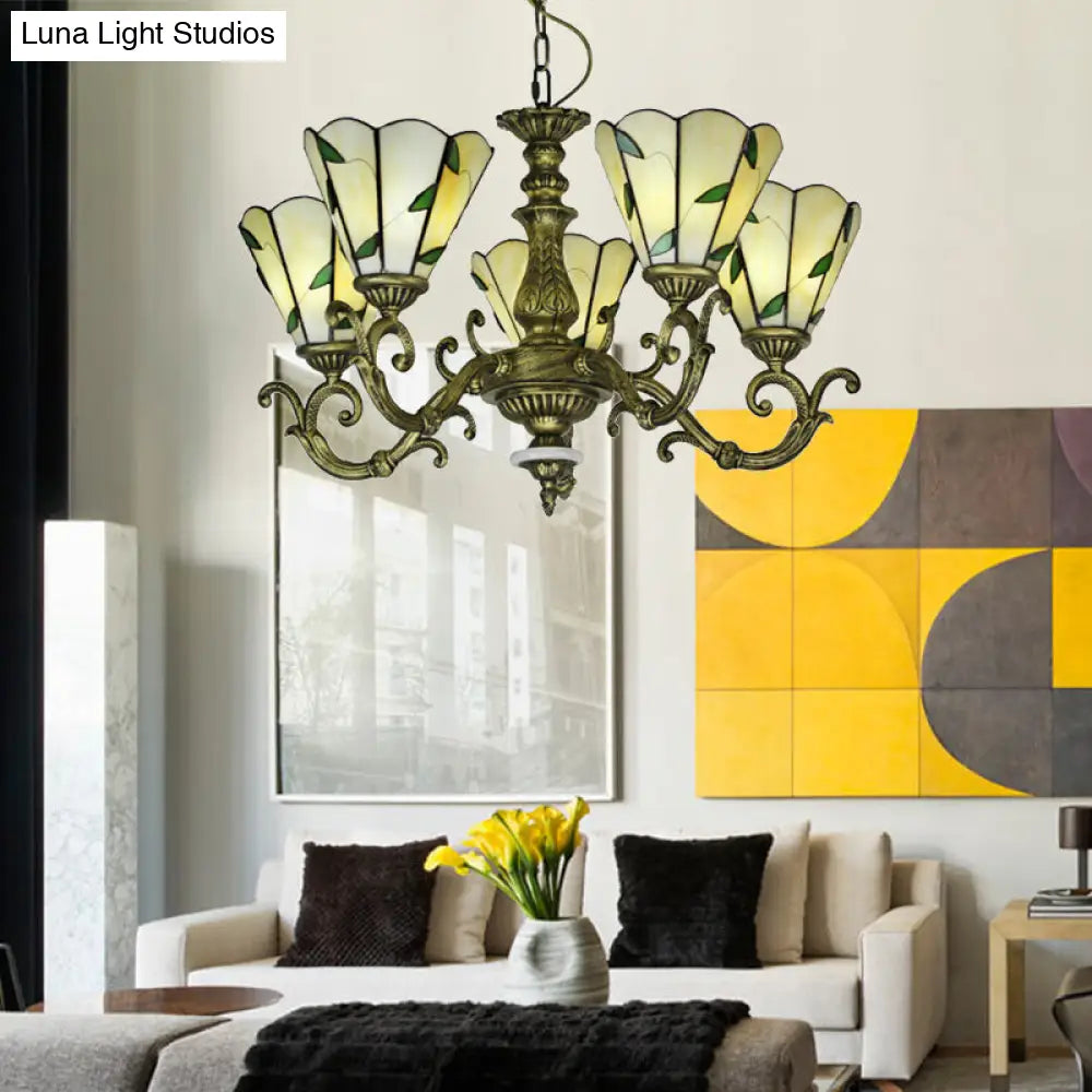 Baroque Suspension Chandelier With Beige Glass And Green Leaf Design - 5/9/11 Lights Ideal For