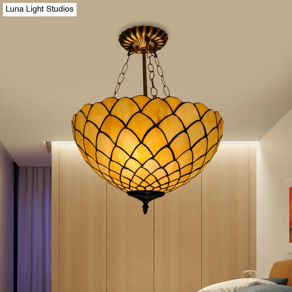 Beige Glass Semi Flush Light With Baroque Style Domed Shade - Ceiling Mounted Fixture