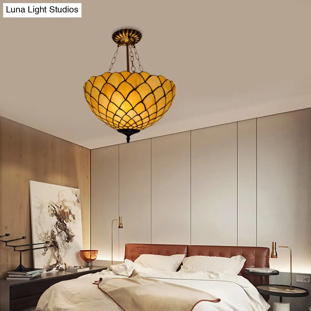 Beige Glass Semi Flush Light With Baroque Style Domed Shade - Ceiling Mounted Fixture