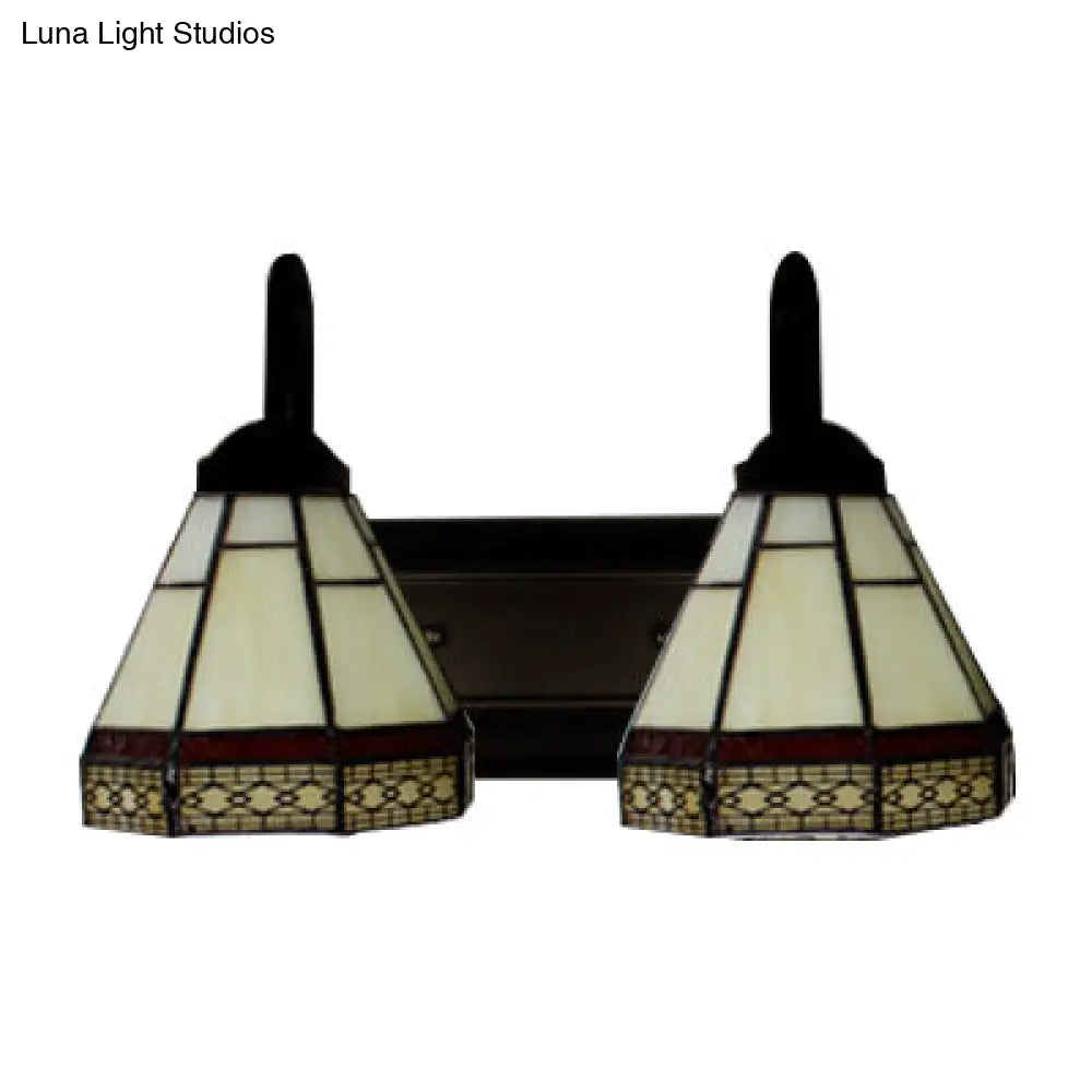 Beige Glass Tiffany Sconce With Conical Shade - Wall Mounted 2-Headed Black Light Fixture