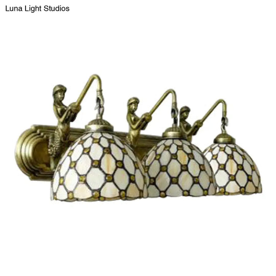 Beige Glass Wall Light Fixture - Tiffany 3-Head Brass Sconce Lighting With Mermaid Backplate