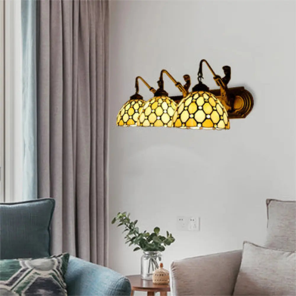 Beige Glass Wall Light Fixture - Tiffany 3-Head Brass Sconce Lighting With Mermaid Backplate