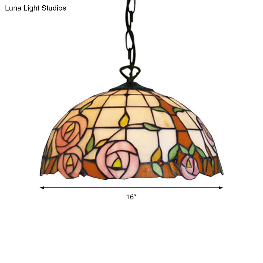 Beige Hand Cut Glass Tiffany Suspension Light - Floral Design