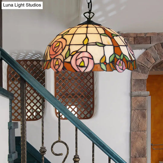 Beige Hand Cut Glass Tiffany Suspension Light - Floral Design