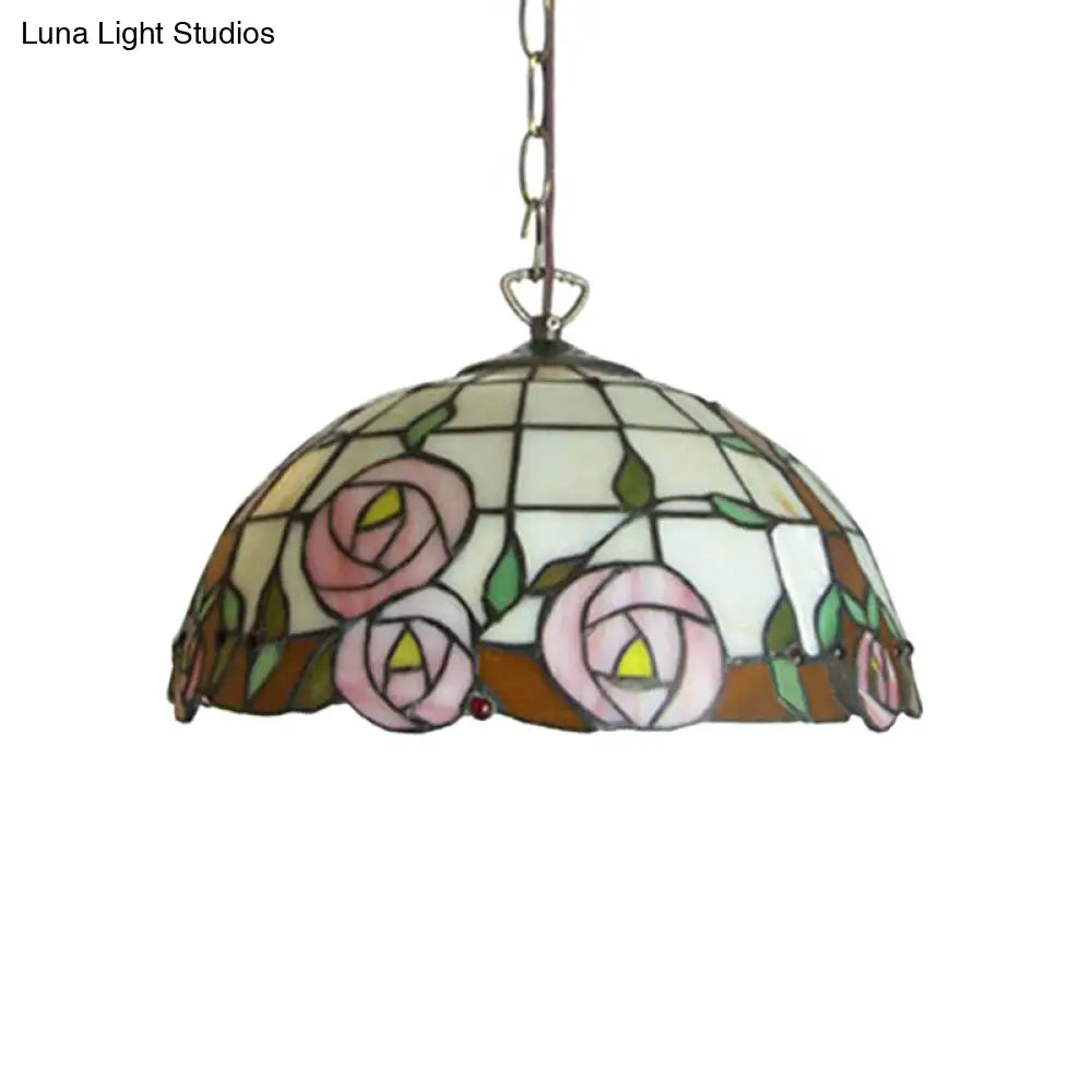 Beige Hand Cut Glass Tiffany Suspension Light - Floral Design