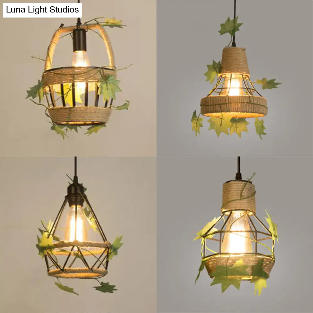 Beige Hanging Lamp: Country Style Metal & Rope Pendant Lighting For Coffee Shop