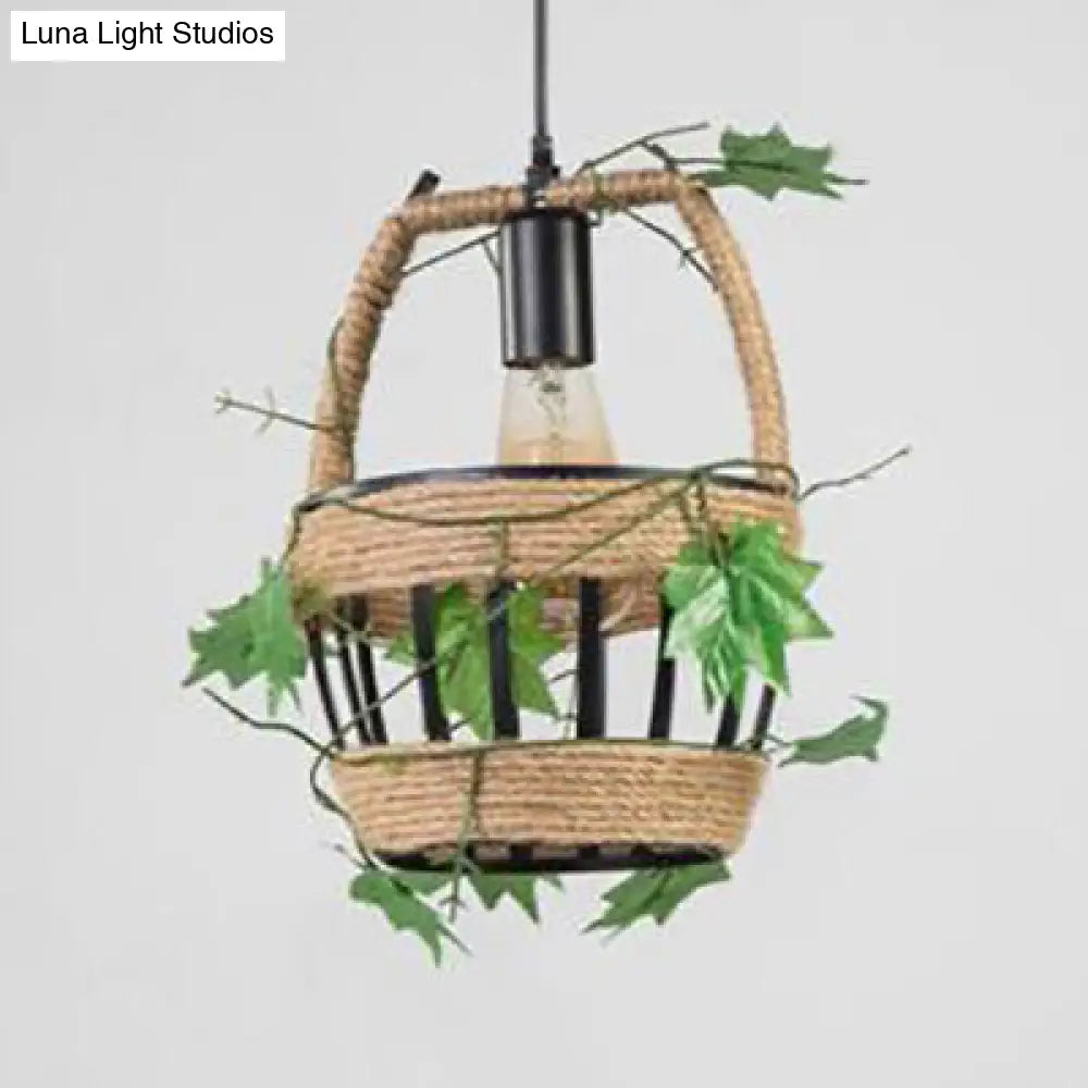 Country Style Beige Hanging Lamp - Metal And Rope Globe/Barrel Cage Pendant Lighting For Coffee Shop