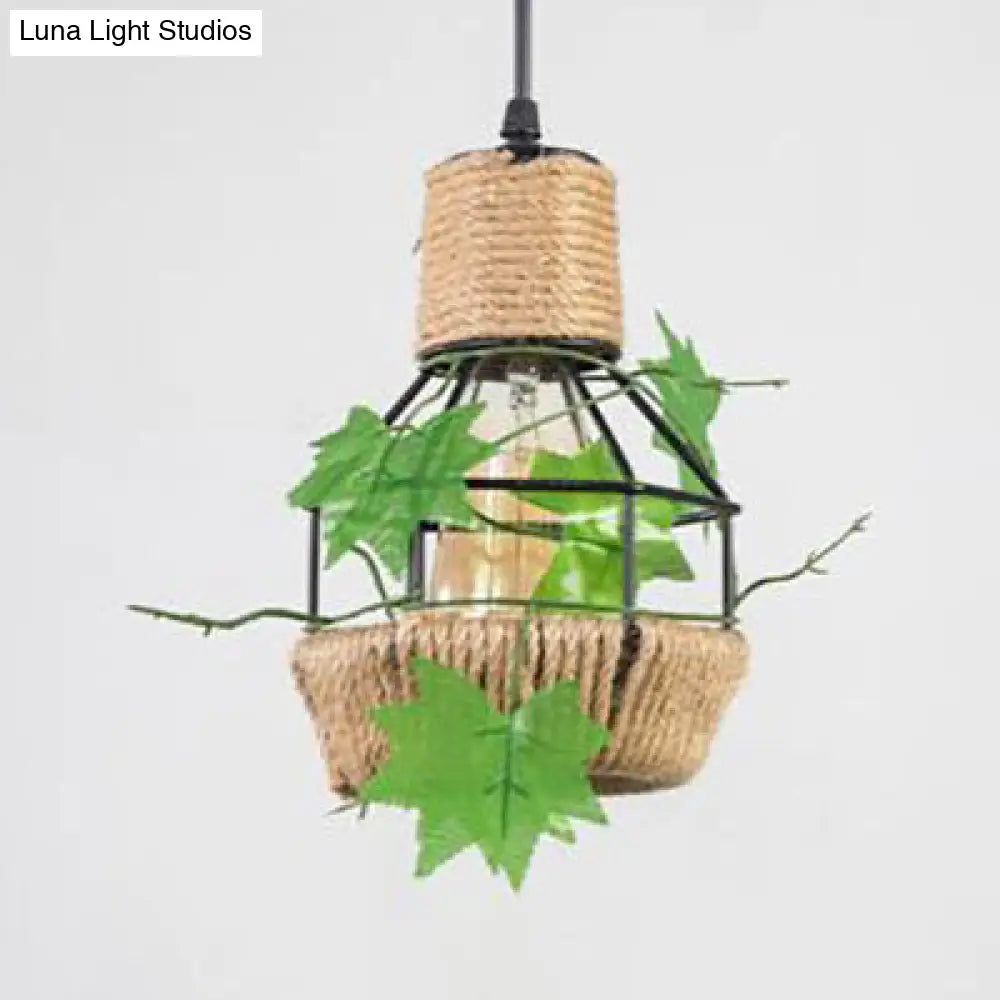 Country Style Beige Hanging Lamp - Metal And Rope Globe/Barrel Cage Pendant Lighting For Coffee Shop