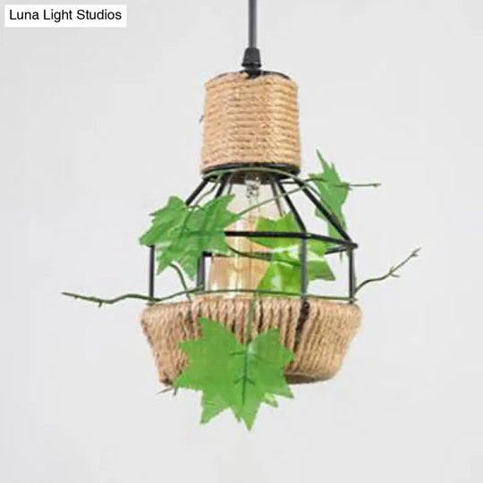 Country Style Beige Hanging Lamp - Metal And Rope Globe/Barrel Cage Pendant Lighting For Coffee Shop