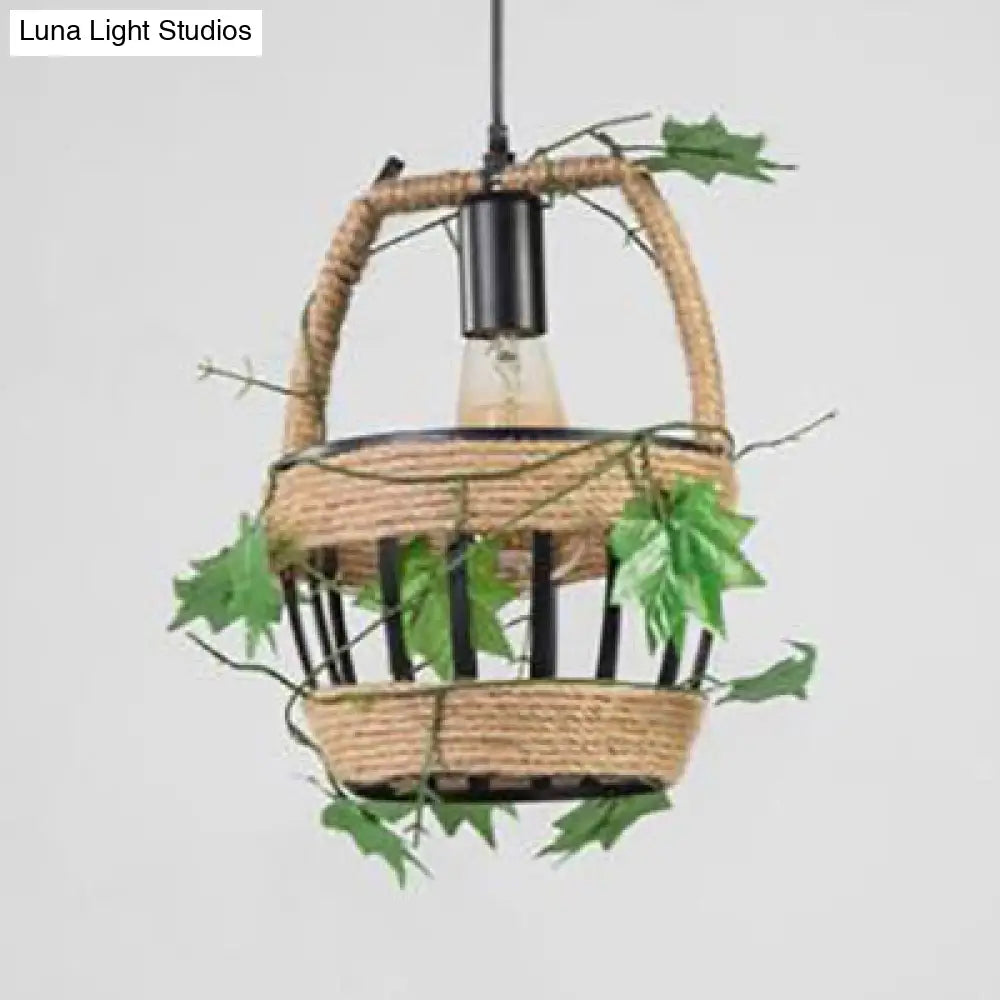 Beige Hanging Lamp: Country Style Metal & Rope Pendant Lighting For Coffee Shop