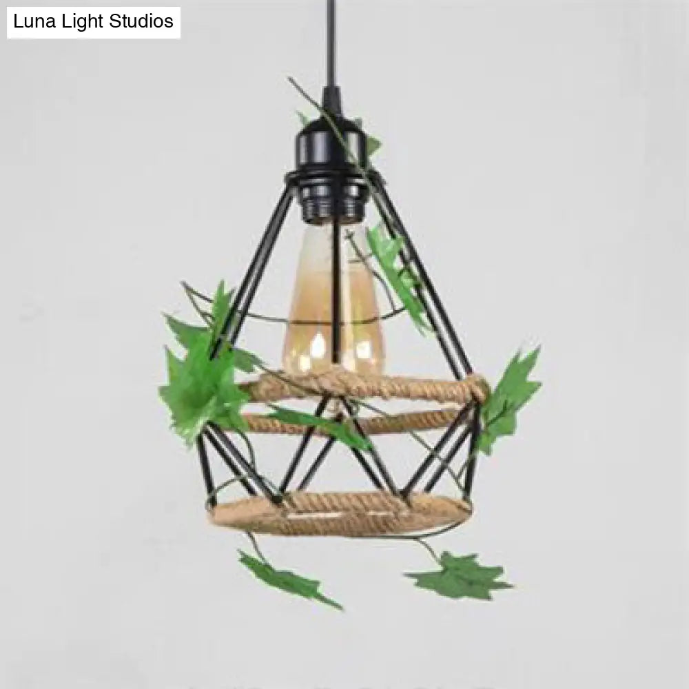 Country Style Beige Hanging Lamp - Metal And Rope Globe/Barrel Cage Pendant Lighting For Coffee Shop