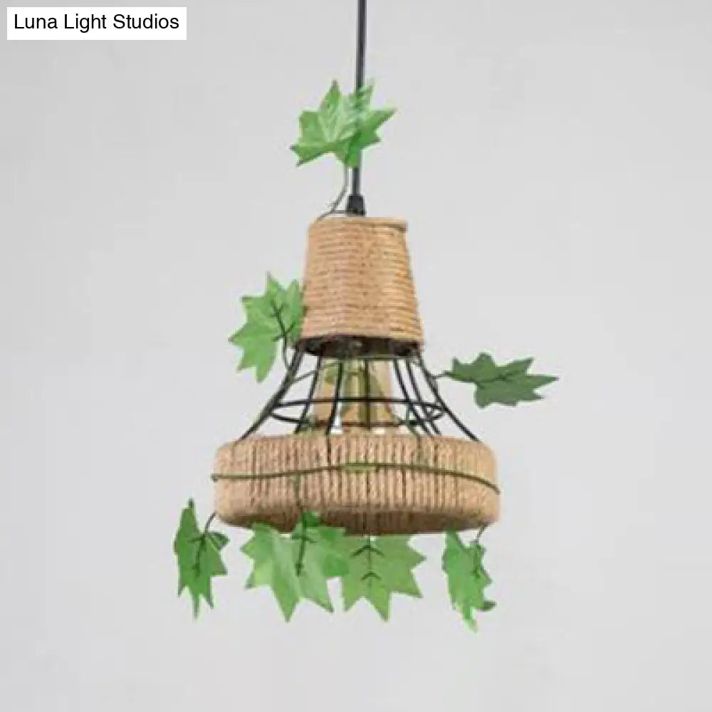 Beige Hanging Lamp: Country Style Metal & Rope Pendant Lighting For Coffee Shop