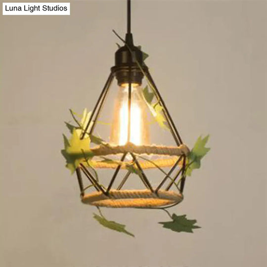 Country Style Beige Hanging Lamp - Metal And Rope Globe/Barrel Cage Pendant Lighting For Coffee Shop