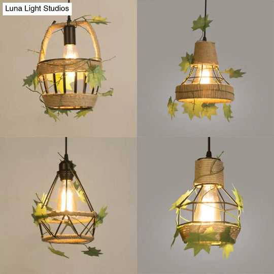 Country Style Beige Hanging Lamp - Metal And Rope Globe/Barrel Cage Pendant Lighting For Coffee Shop