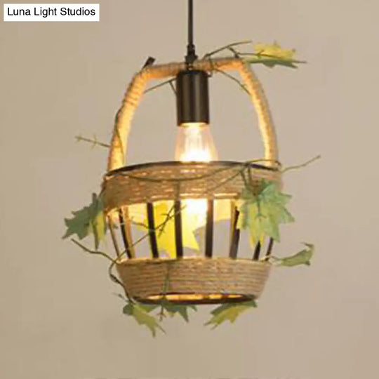 Country Style Beige Hanging Lamp - Metal And Rope Globe/Barrel Cage Pendant Lighting For Coffee Shop