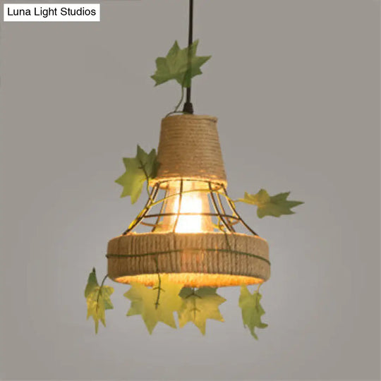 Country Style Beige Hanging Lamp - Metal And Rope Globe/Barrel Cage Pendant Lighting For Coffee Shop