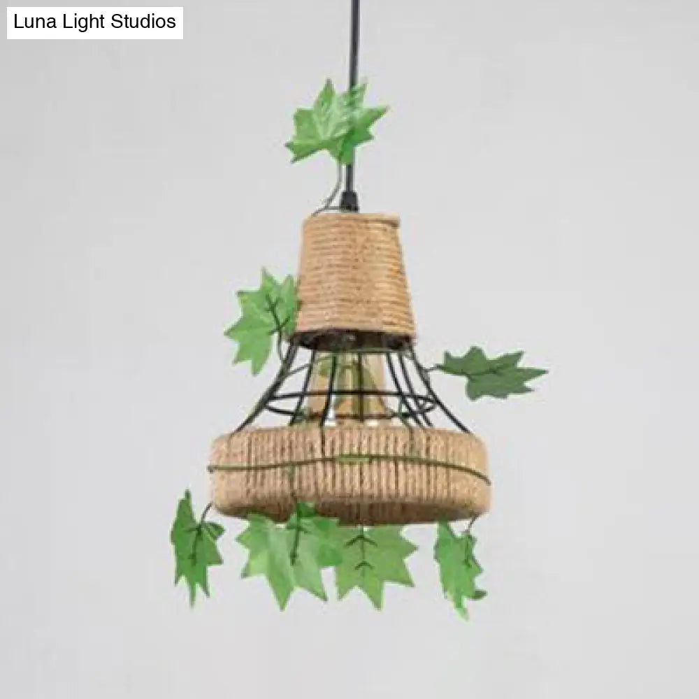 Country Style Beige Hanging Lamp - Metal And Rope Globe/Barrel Cage Pendant Lighting For Coffee Shop