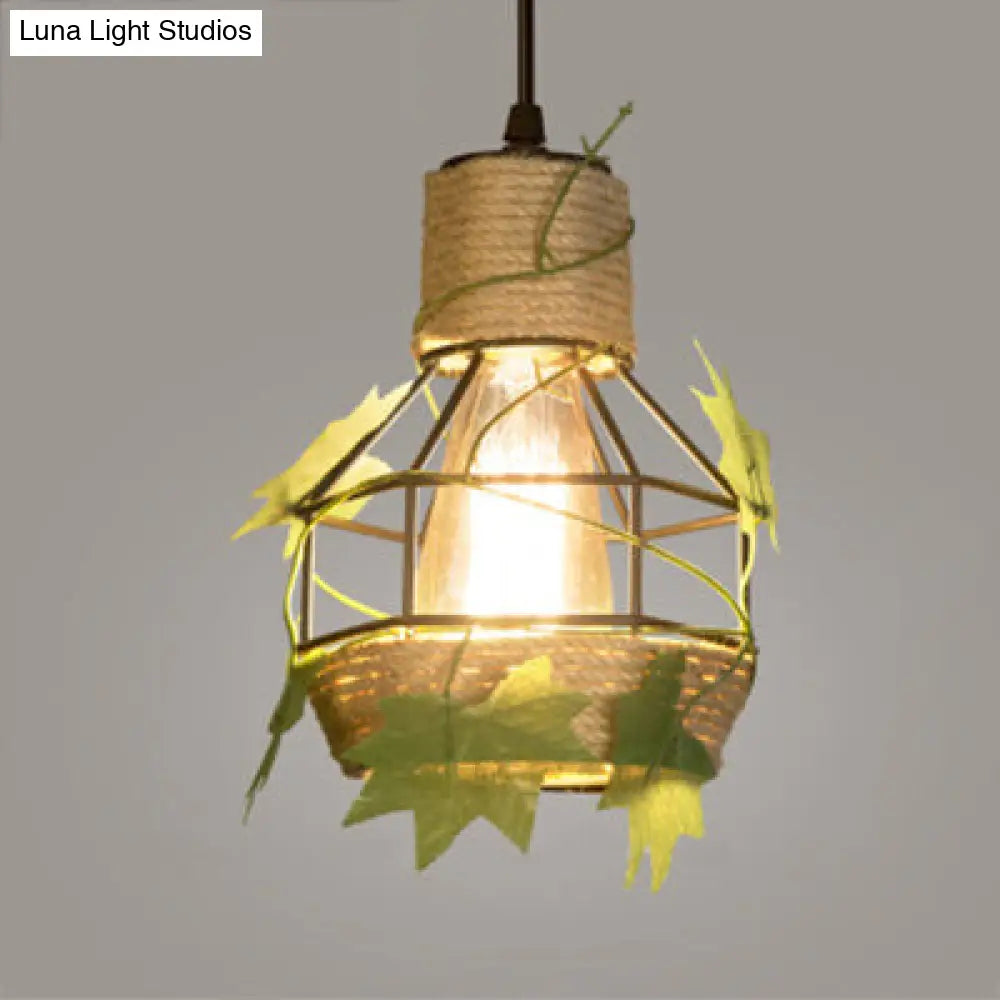 Country Style Beige Hanging Lamp - Metal And Rope Globe/Barrel Cage Pendant Lighting For Coffee Shop