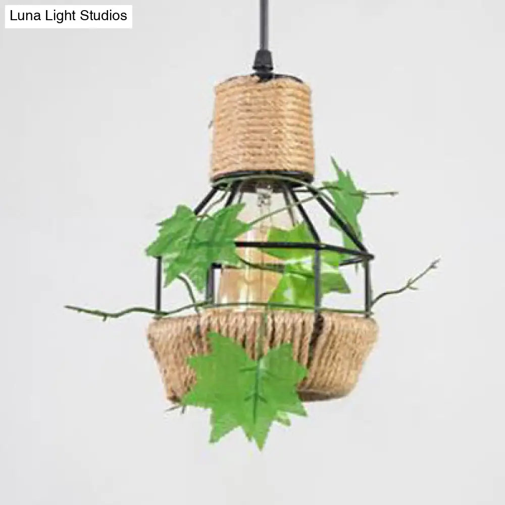 Beige Hanging Lamp: Country Style Metal & Rope Pendant Lighting For Coffee Shop