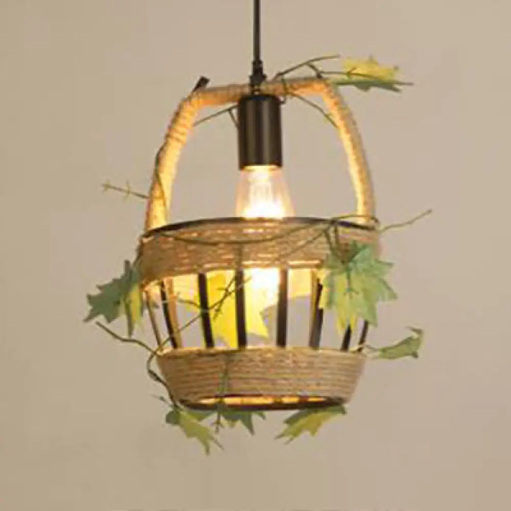 Beige Hanging Lamp: Country Style Metal & Rope Pendant Lighting For Coffee Shop / Barrel