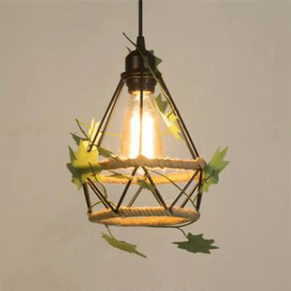 Beige Hanging Lamp: Country Style Metal & Rope Pendant Lighting For Coffee Shop / Diamond