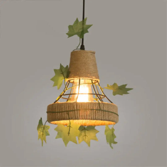 Beige Hanging Lamp: Country Style Metal & Rope Pendant Lighting For Coffee Shop / Flared