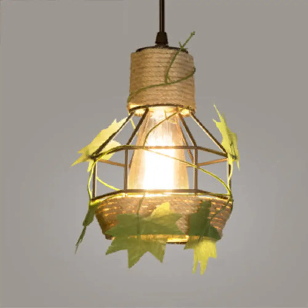 Beige Hanging Lamp: Country Style Metal & Rope Pendant Lighting For Coffee Shop / Globe