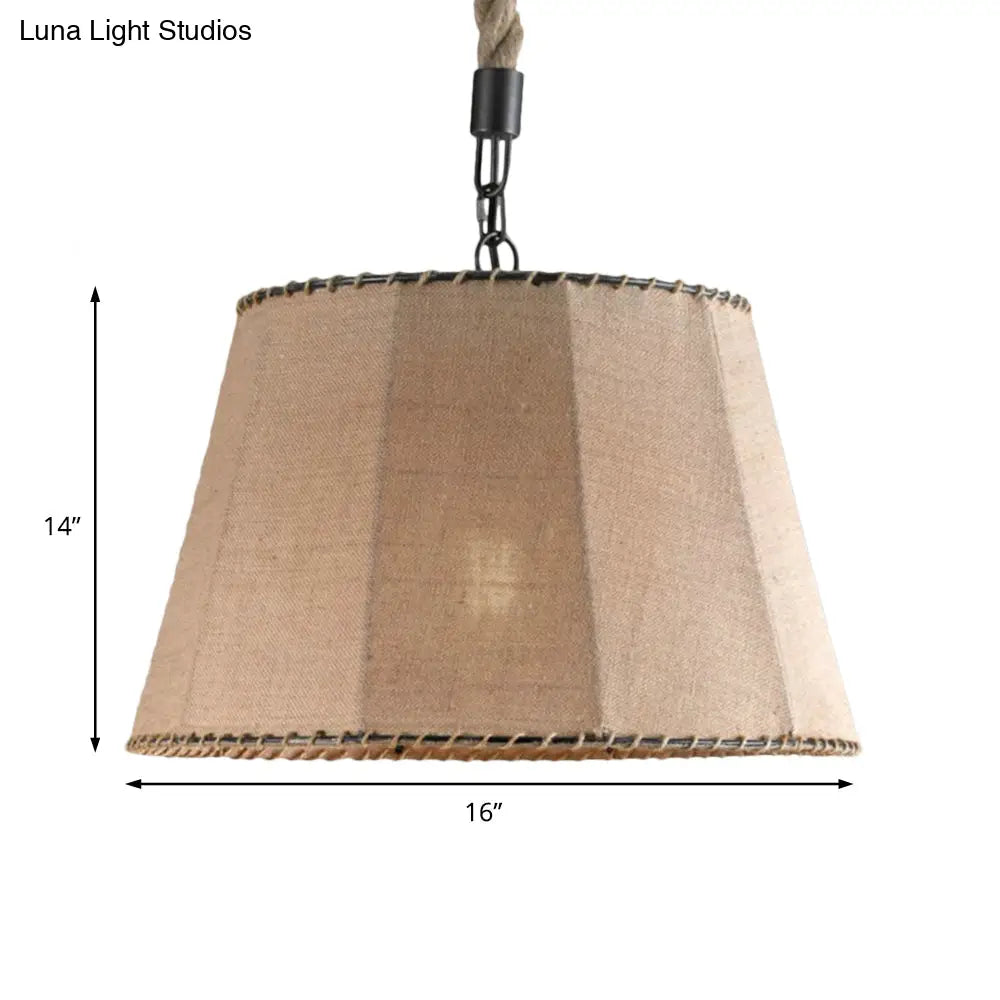 Beige Industrial Tapered Pendant Light With Rope And Fabric Shade