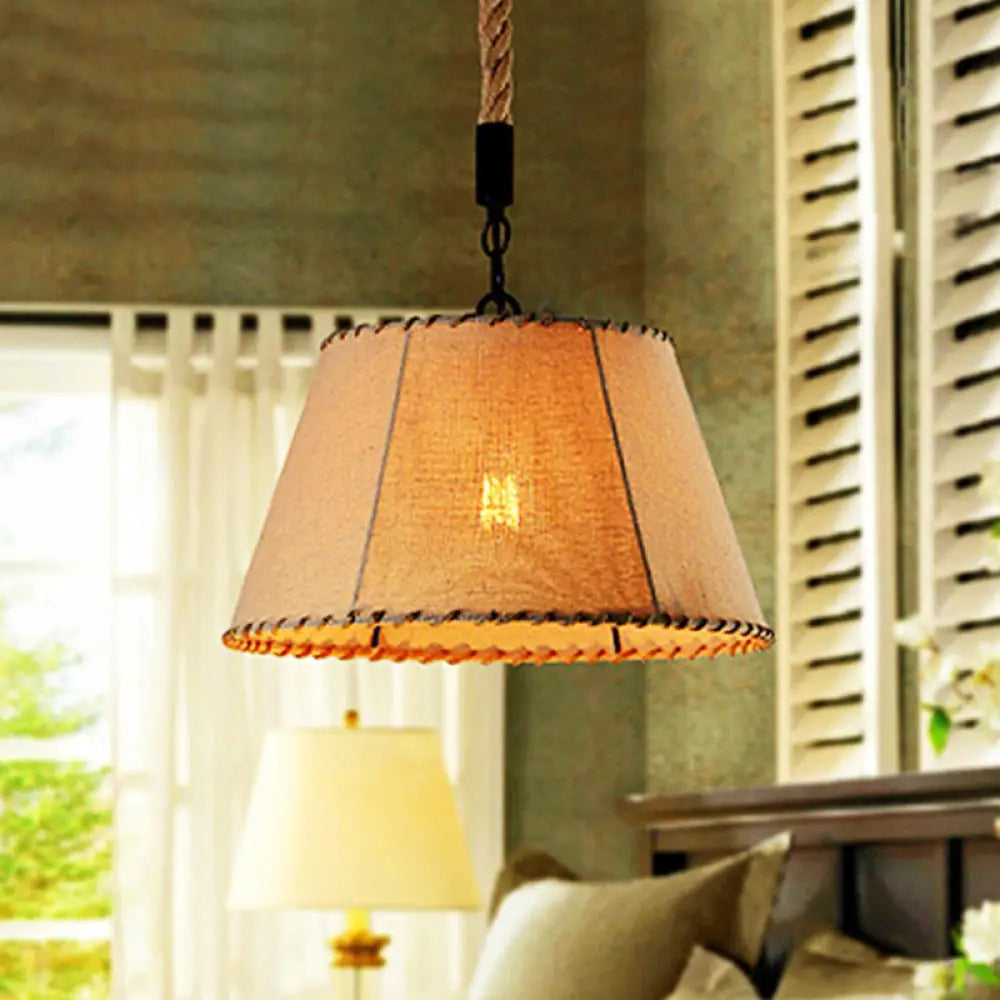 Beige Industrial Tapered Pendant Light With Rope And Fabric Shade