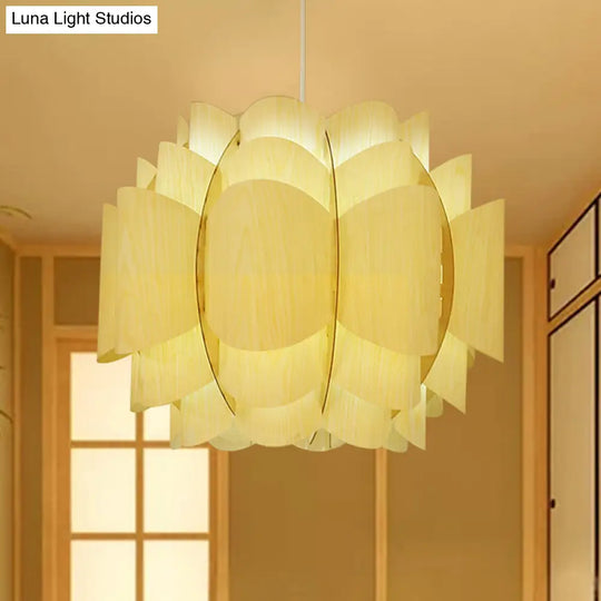 Beige Japanese Hanging Ceiling Light With Wood Shade - 1 Head Down Lighting Lantern