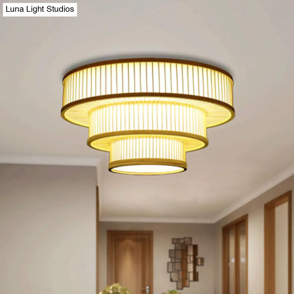 Beige Led Bamboo Ceiling Light For Bedroom - Flush Mount Fixture’ Or ’Flush Shade