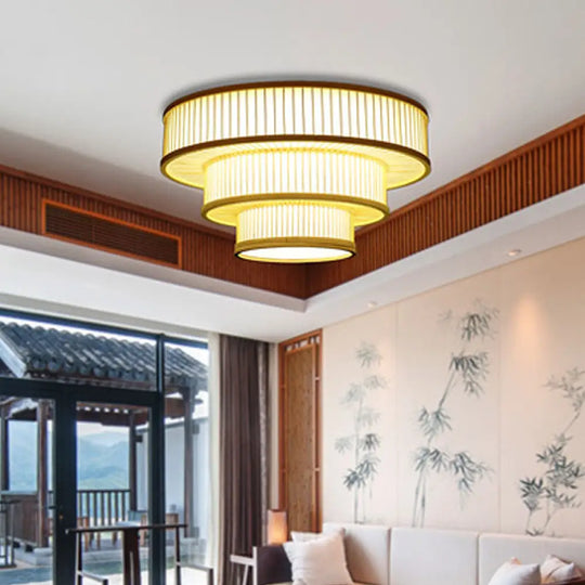 Beige Led Bamboo Ceiling Light For Bedroom - Flush Mount Fixture’ Or ’Flush Shade