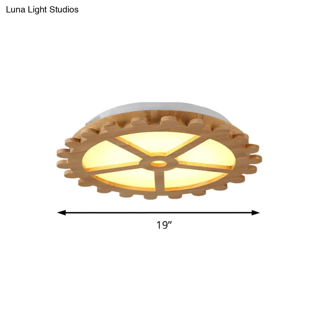 Beige Led Flush Mount Ceiling Lamp For Kids’ Bedroom - Lovely Wooden Design