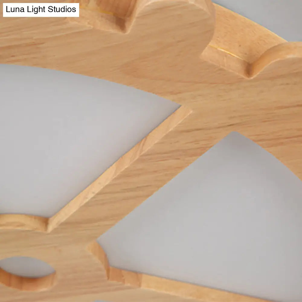 Beige Led Flush Mount Ceiling Lamp For Kids Bedroom - Lovely Wooden Design