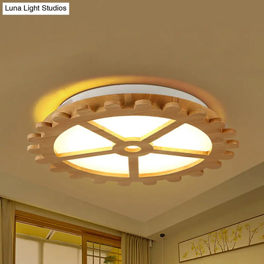 Beige Led Flush Mount Ceiling Lamp For Kids Bedroom - Lovely Wooden Design / B White