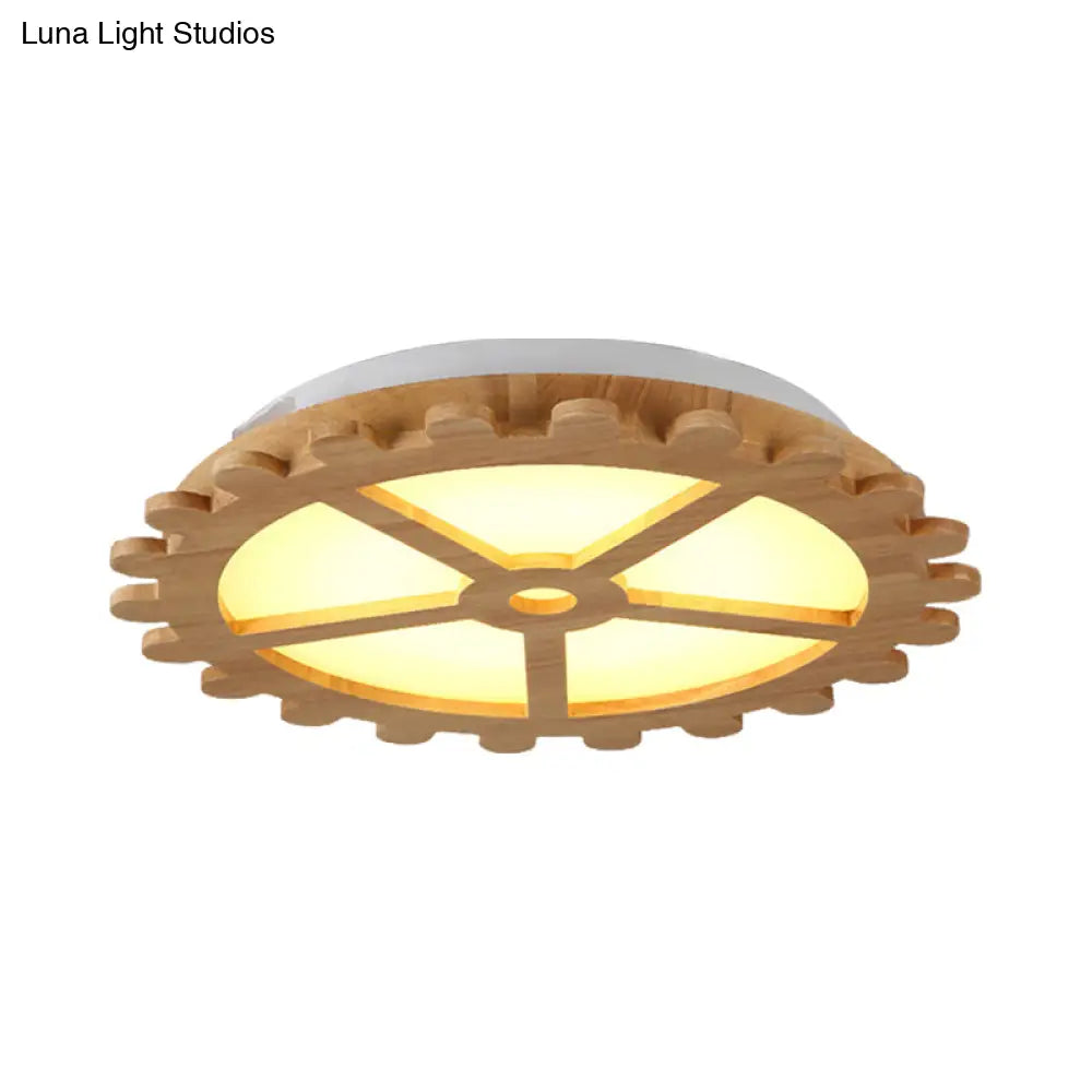 Beige Led Flush Mount Ceiling Lamp For Kids’ Bedroom - Lovely Wooden Design
