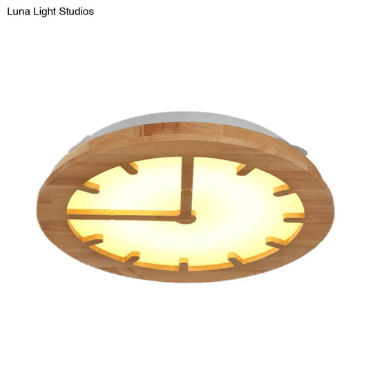 Beige Led Flush Mount Ceiling Lamp For Kids Bedroom - Lovely Wooden Design