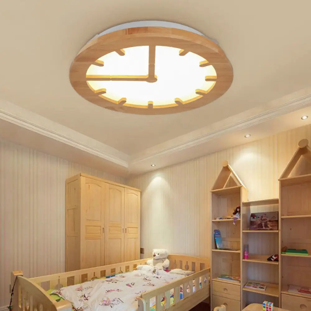 Beige Led Flush Mount Ceiling Lamp For Kids’ Bedroom - Lovely Wooden Design / A White