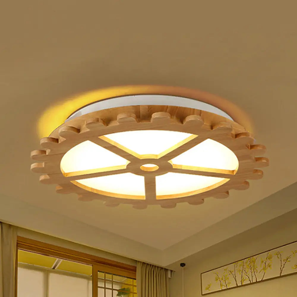Beige Led Flush Mount Ceiling Lamp For Kids’ Bedroom - Lovely Wooden Design / B White