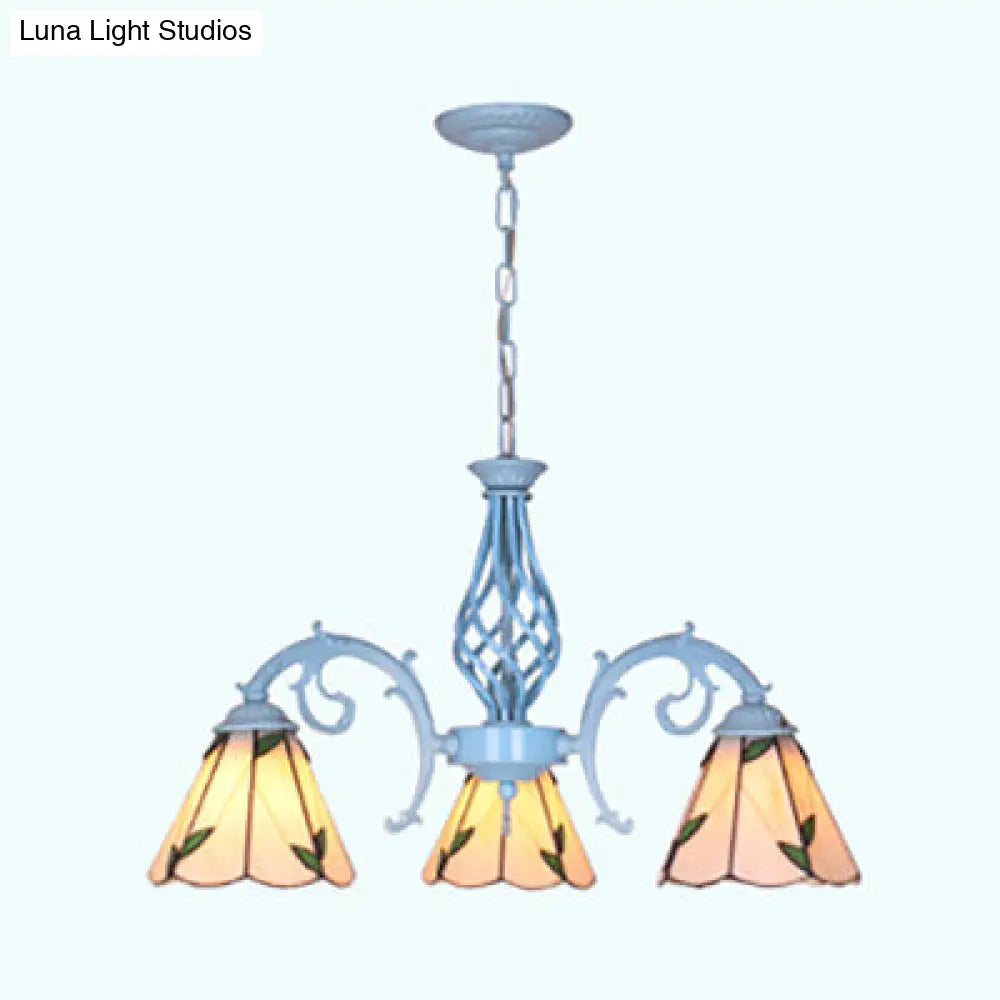 Beige Lodge Pendant Light With Conical Glass Shades - 3-Light Leaf Chandelier