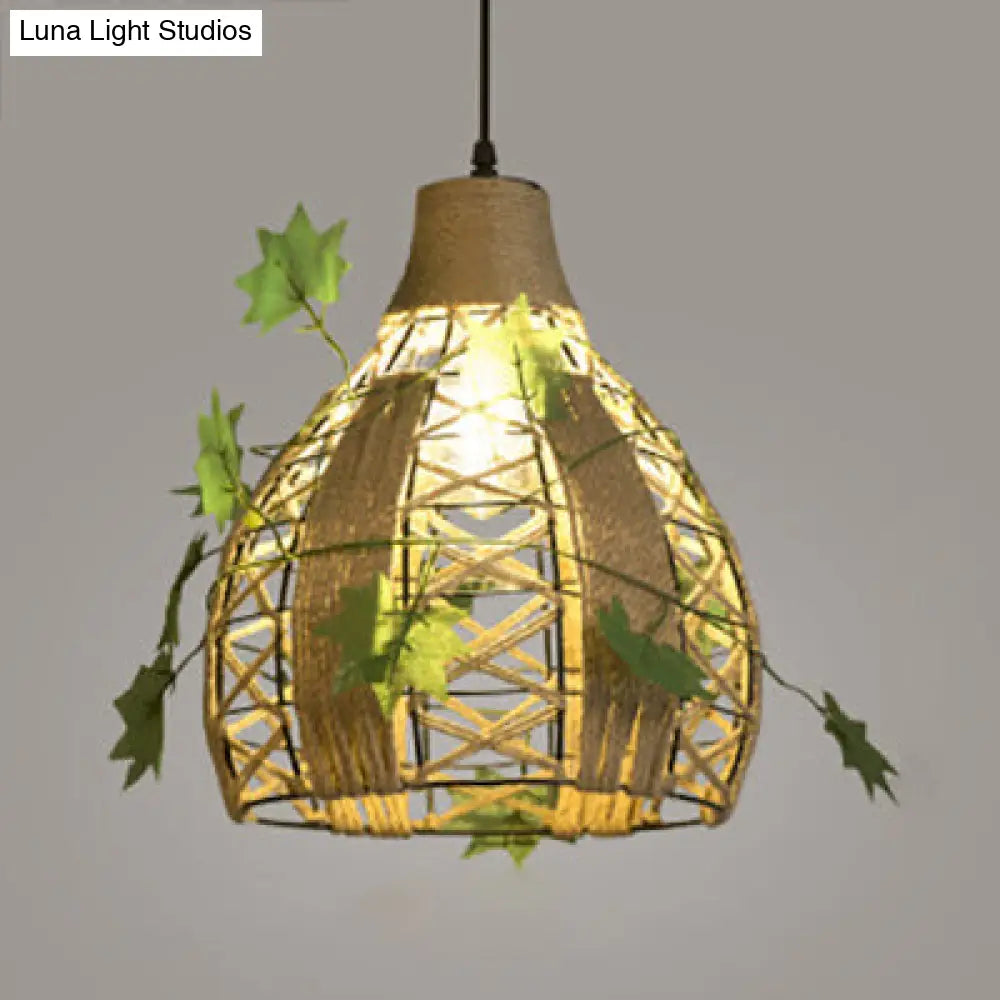 Beige Natural Rope Hanging Lamp: Lodge Style Pendant Lighting For Restaurant - 1 Head