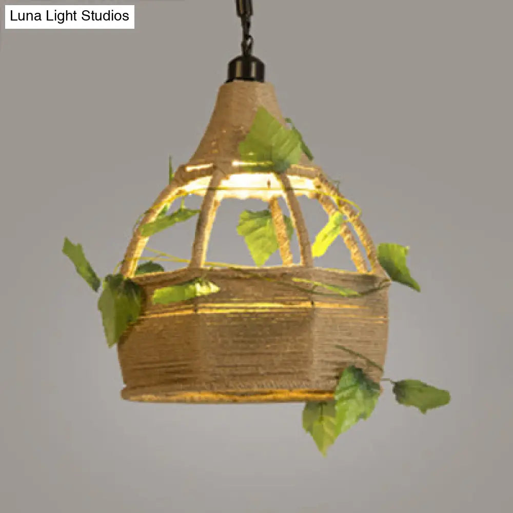 Beige Natural Rope Dome Hanging Lamp: Lodge-Style Pendant Lighting For Restaurants - 1 Head Design