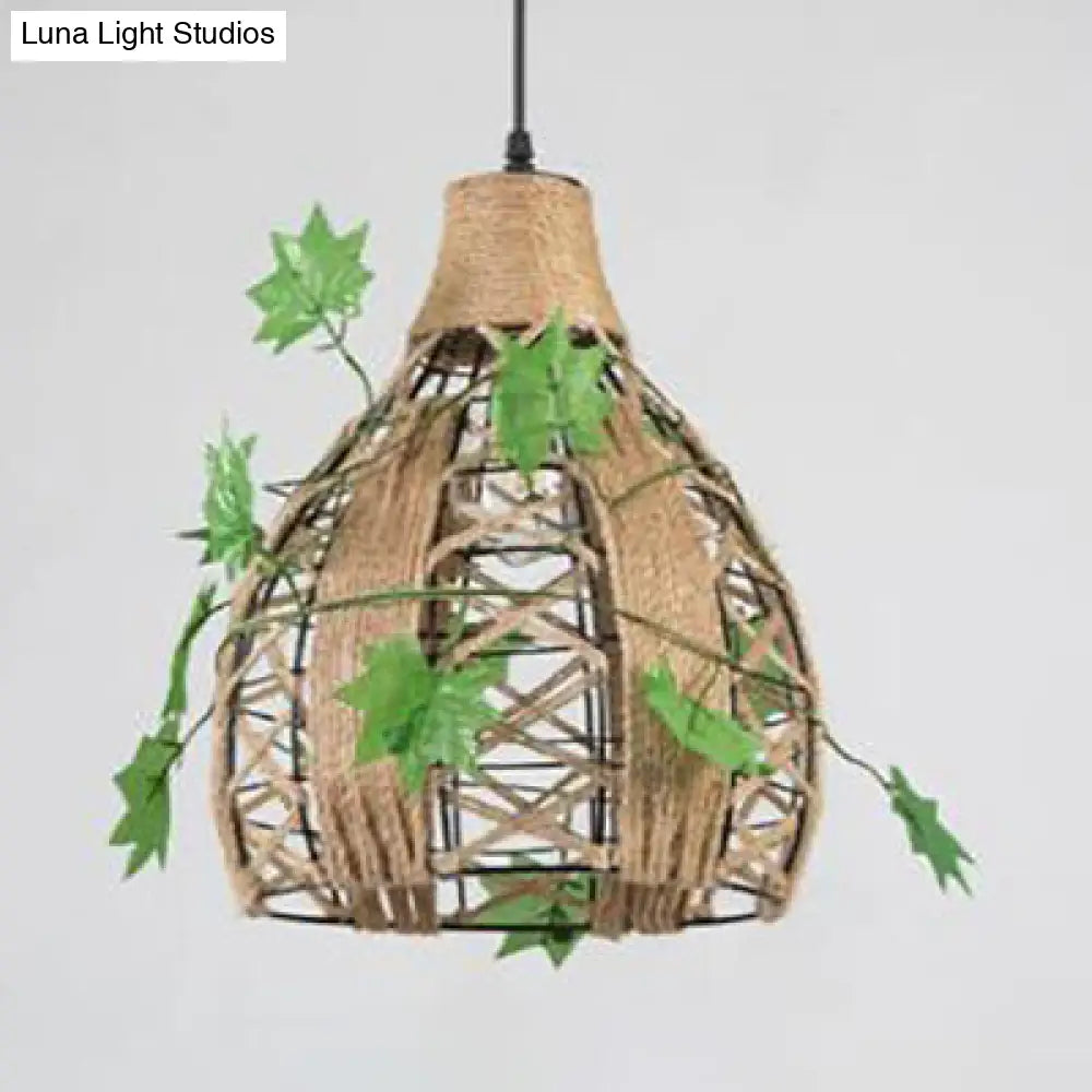 Beige Natural Rope Hanging Lamp: Lodge Style Pendant Lighting For Restaurant - 1 Head