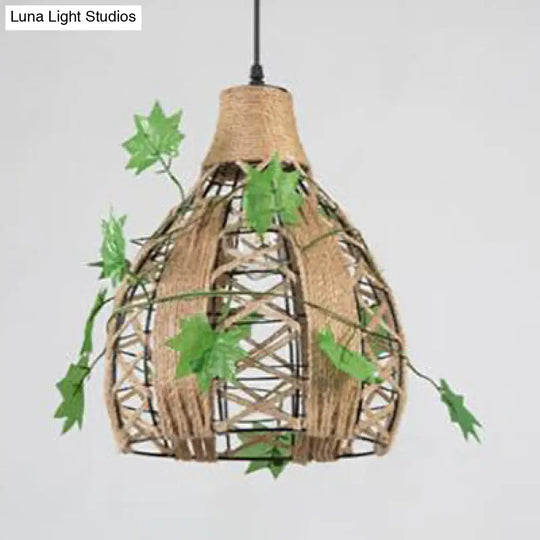 Beige Natural Rope Hanging Lamp: Lodge Style Pendant Lighting For Restaurant - 1 Head