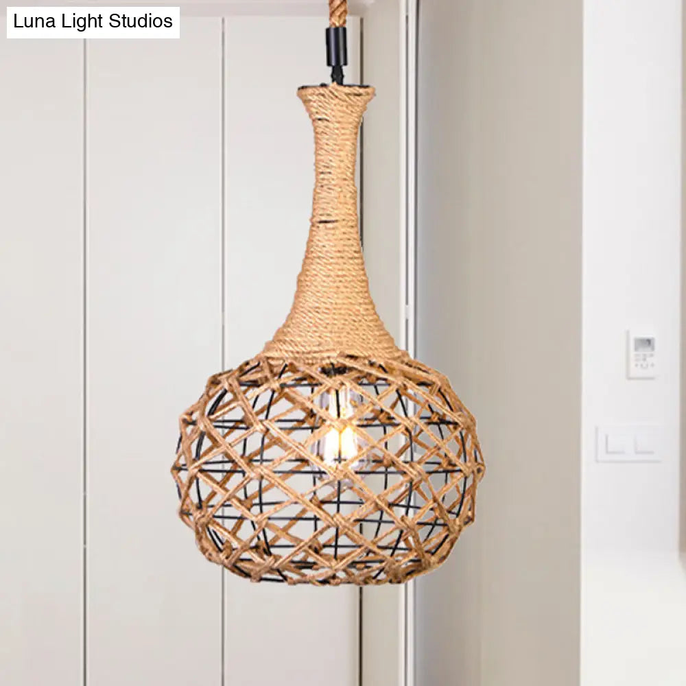 Beige Nautical Globe Cage Pendant Light With Metal & Rope Suspension - Ideal For Dining Room 1